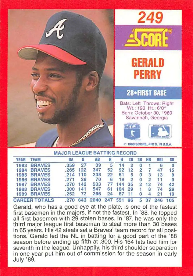 1990 Score #249 Gerald Perry EX Excellent Atlanta Braves Baseball Card - Baseball Card Single