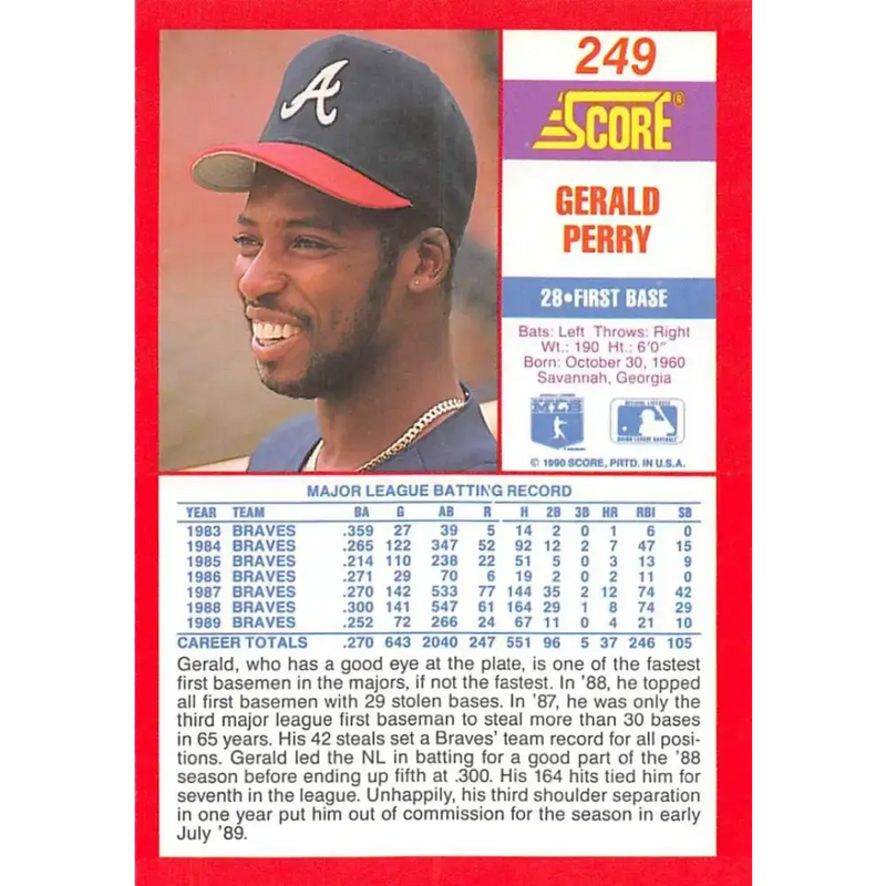 1990 Score #249 Gerald Perry NM-MT Atlanta Braves Baseball Card - Baseball Card Single