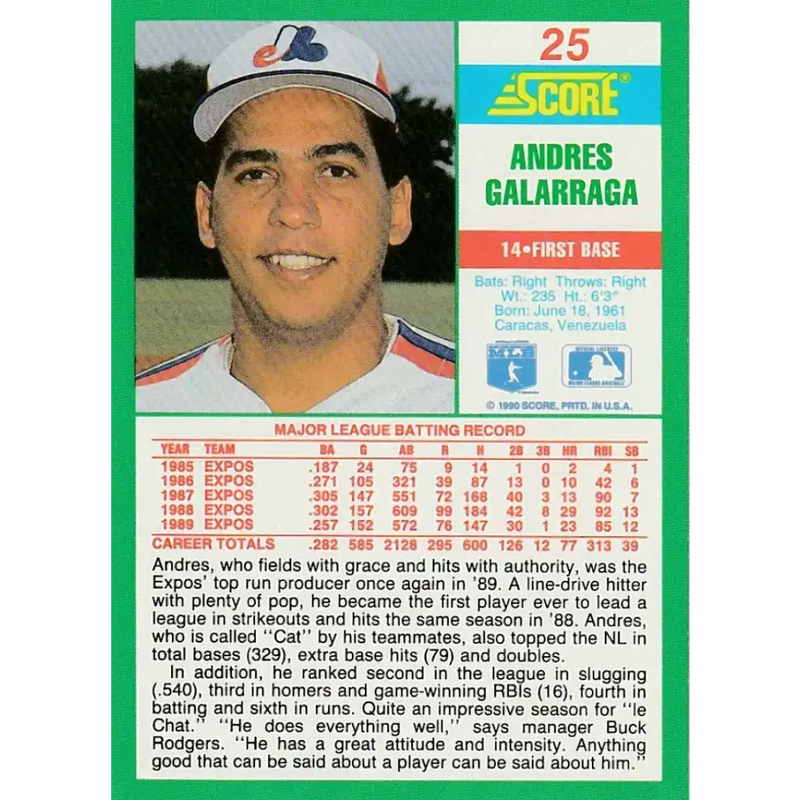 1990 Score #25 Andres Galarraga NM-MT Montreal Expos Baseball Card - Baseball Card Single