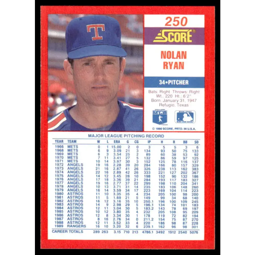 1990 Score #250 Nolan Ryan EX/NM Texas Rangers Baseball Card