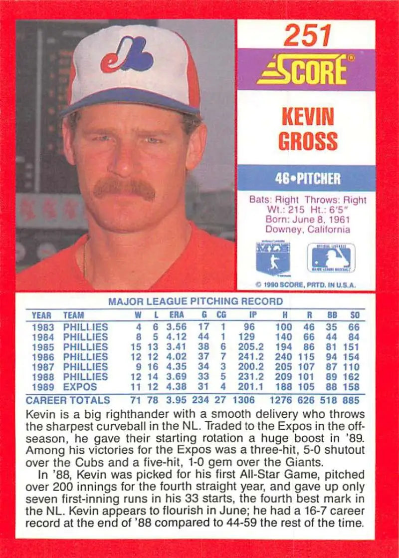 1990 Score #251 Kevin Gross EX Excellent Montreal Expos Baseball Card - Baseball Card Single