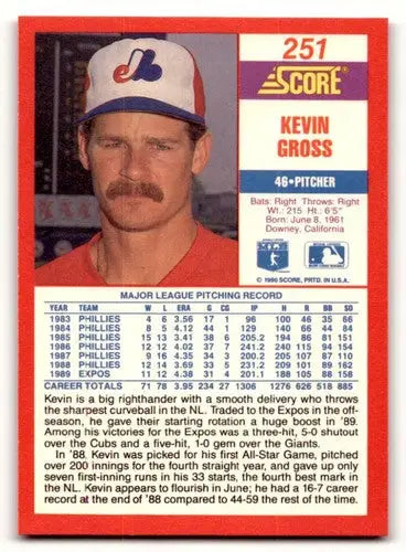 Original gloss Kevin Gross baseball card from 1990 Score #251 featuring Kevin Gross