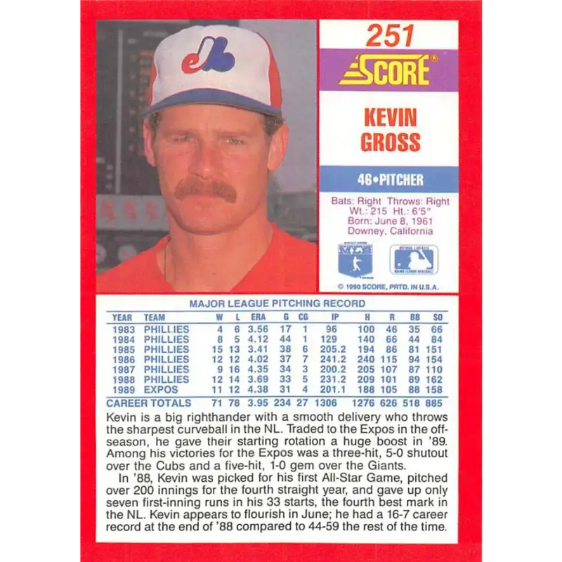 1990 Score #251 Kevin Gross NM-MT Montreal Expos Baseball Card - Baseball Card Single
