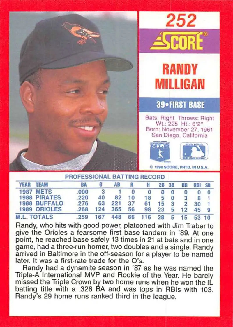 1990 Score #252 Randy Milligan EX Excellent Baltimore Orioles Baseball Card - Baseball Card Single