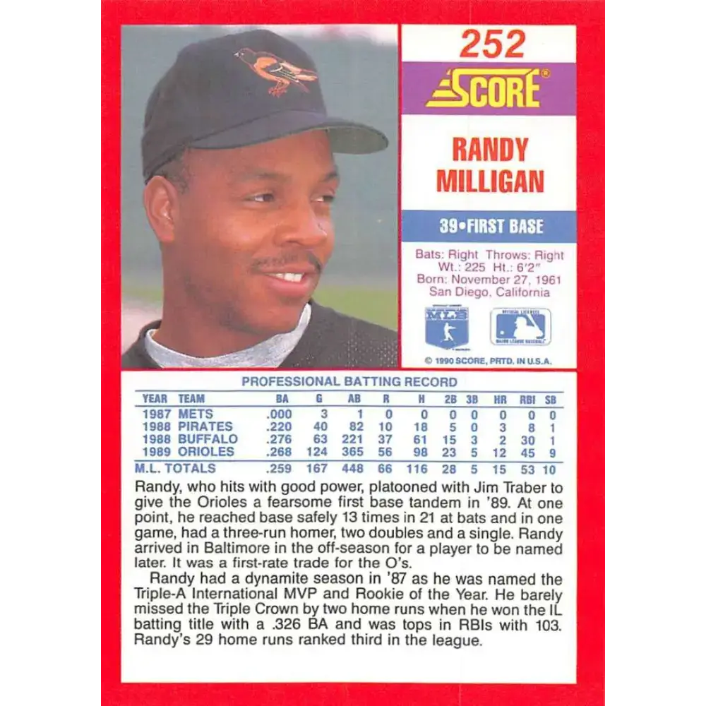 1990 Score #252 Randy Milligan NM-MT Baltimore Orioles Baseball Card - Baseball Card Single