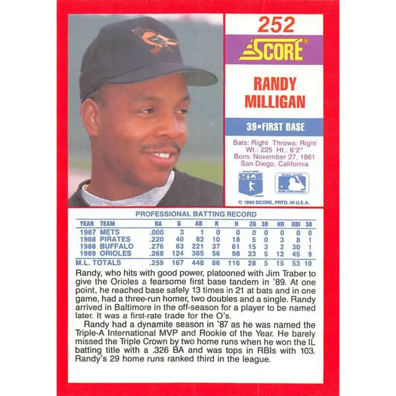 1990 Score #252 Randy Milligan NM-MT Baltimore Orioles Baseball Card - Baseball Card Single
