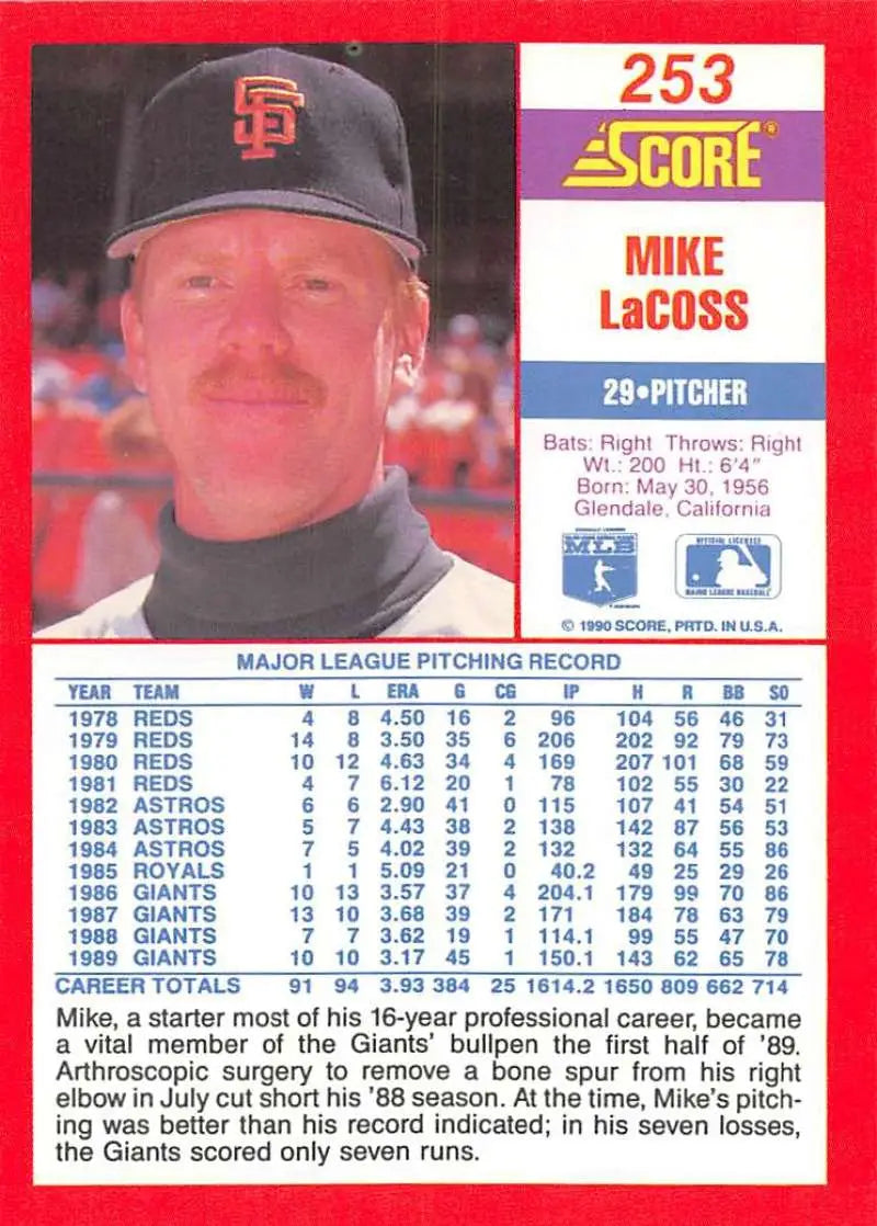 1990 Score #253 Mike LaCoss EX Excellent San Francisco Giants Baseball Card