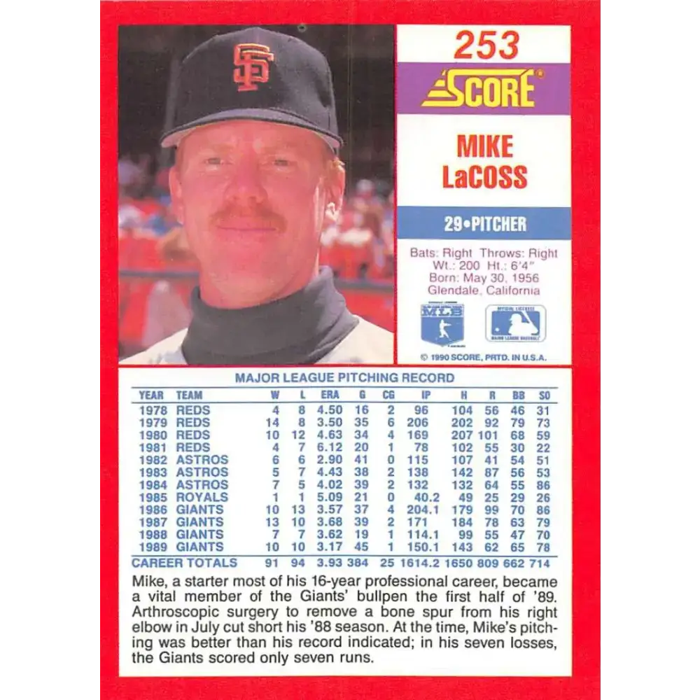 1990 Score #253 Mike LaCoss NM-MT San Francisco Giants Baseball Card - Baseball Card Single