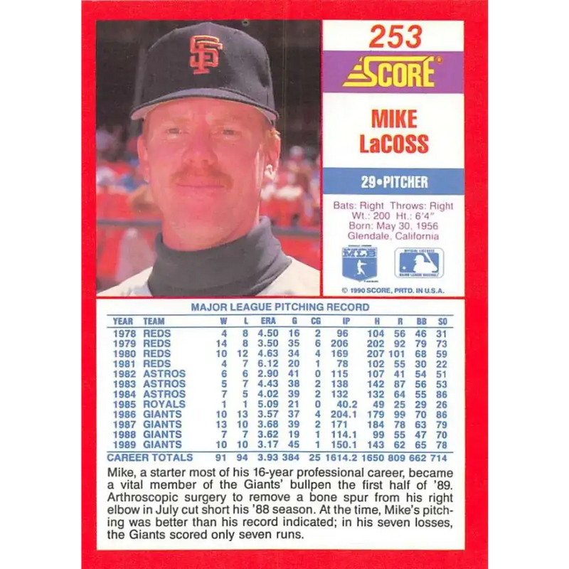 1990 Score #253 Mike LaCoss NM-MT San Francisco Giants Baseball Card - Baseball Card Single