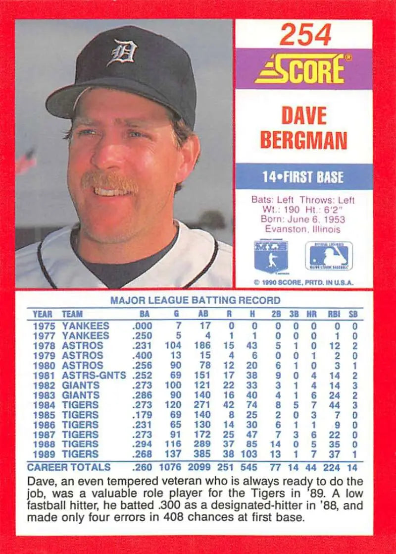 1990 Score #254 Dave Bergman EX Excellent Detroit Tigers Baseball Card - Baseball Card Single