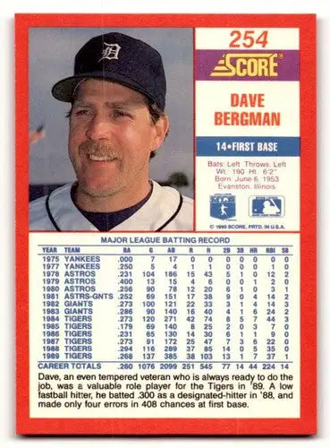 1990 Score Dave Bergman baseball card with original gloss featuring Simply Sandoval