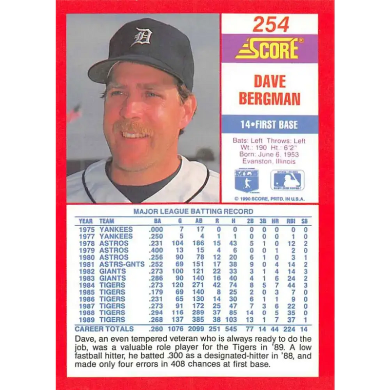 1990 Score #254 Dave Bergman NM-MT Detroit Tigers Baseball Card - Baseball Card Single