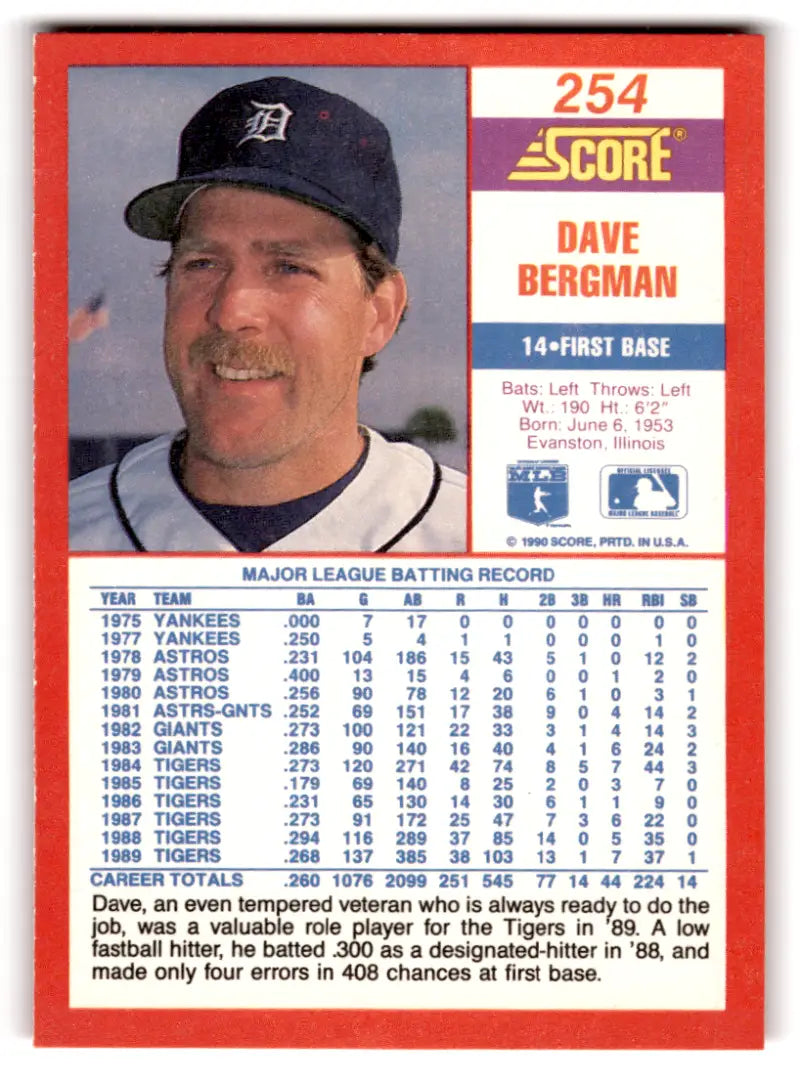 1990 Score #254 Dave Bergman NM-MT Tigers ID:70049 - Baseball Card Single