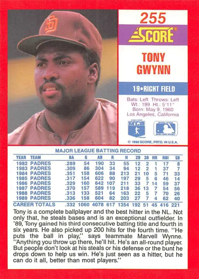 1990 Score #255 Tony Gwynn EX Excellent San Diego Padres Baseball Card - Baseball Card Single