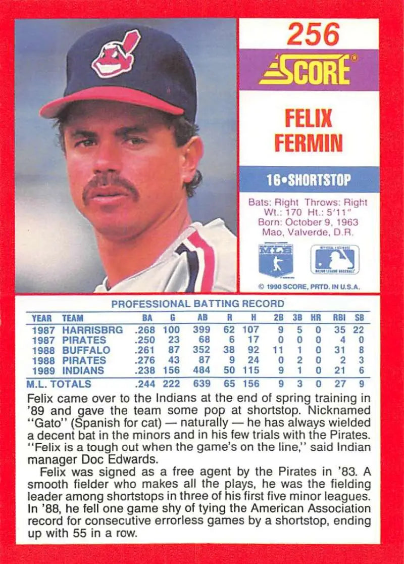 1990 Score #256 Felix Fermin EX Excellent Cleveland Indians Baseball Card - Baseball Card Single