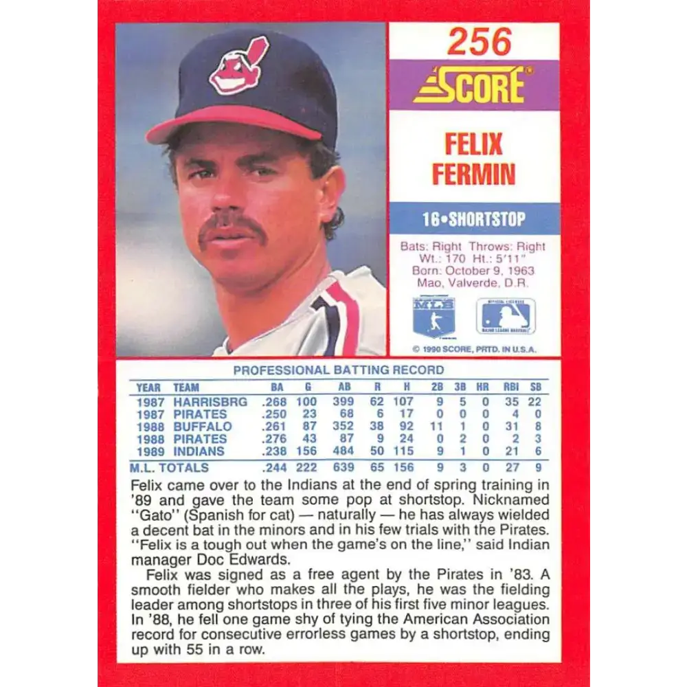 1990 Score #256 Felix Fermin NM-MT Cleveland Indians Baseball Card - Baseball Card Single