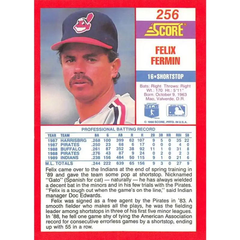 1990 Score #256 Felix Fermin NM-MT Cleveland Indians Baseball Card - Baseball Card Single