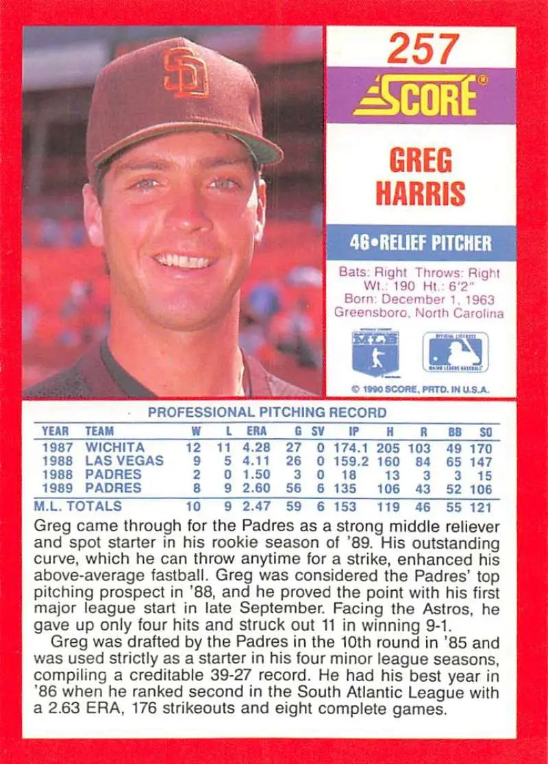 1990 Score #257 Greg Harris EX Excellent San Diego Padres Baseball Card - Baseball Card Single