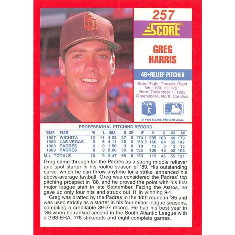 1990 Score #257 Greg Harris NM-MT San Diego Padres Baseball Card - Baseball Card Single