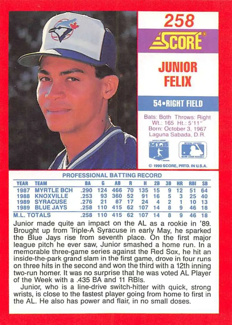 1990 Score #258 Junior Felix EX Excellent Toronto Blue Jays Baseball Card - Baseball Card Single