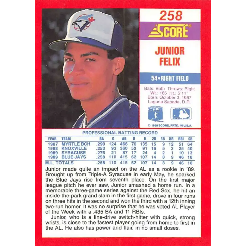 1990 Score #258 Junior Felix NM-MT Toronto Blue Jays Baseball Card - Baseball Card Single