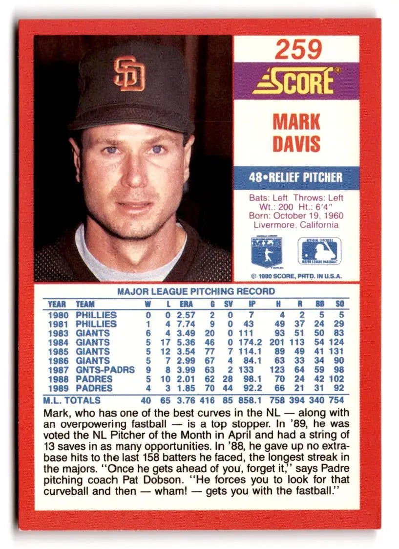 1990 Score #259 Mark Davis - Baseball Card Single