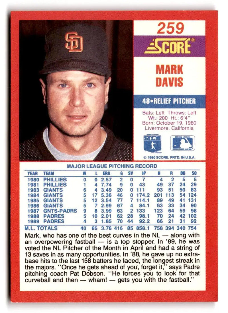 1990 Score #259 Mark Davis - Baseball Card Single