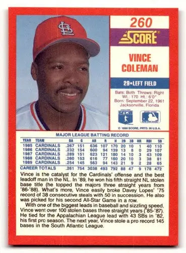 Original gloss of Vince Coleman baseball card from 1990 Score #260 featuring Simply Sandoval