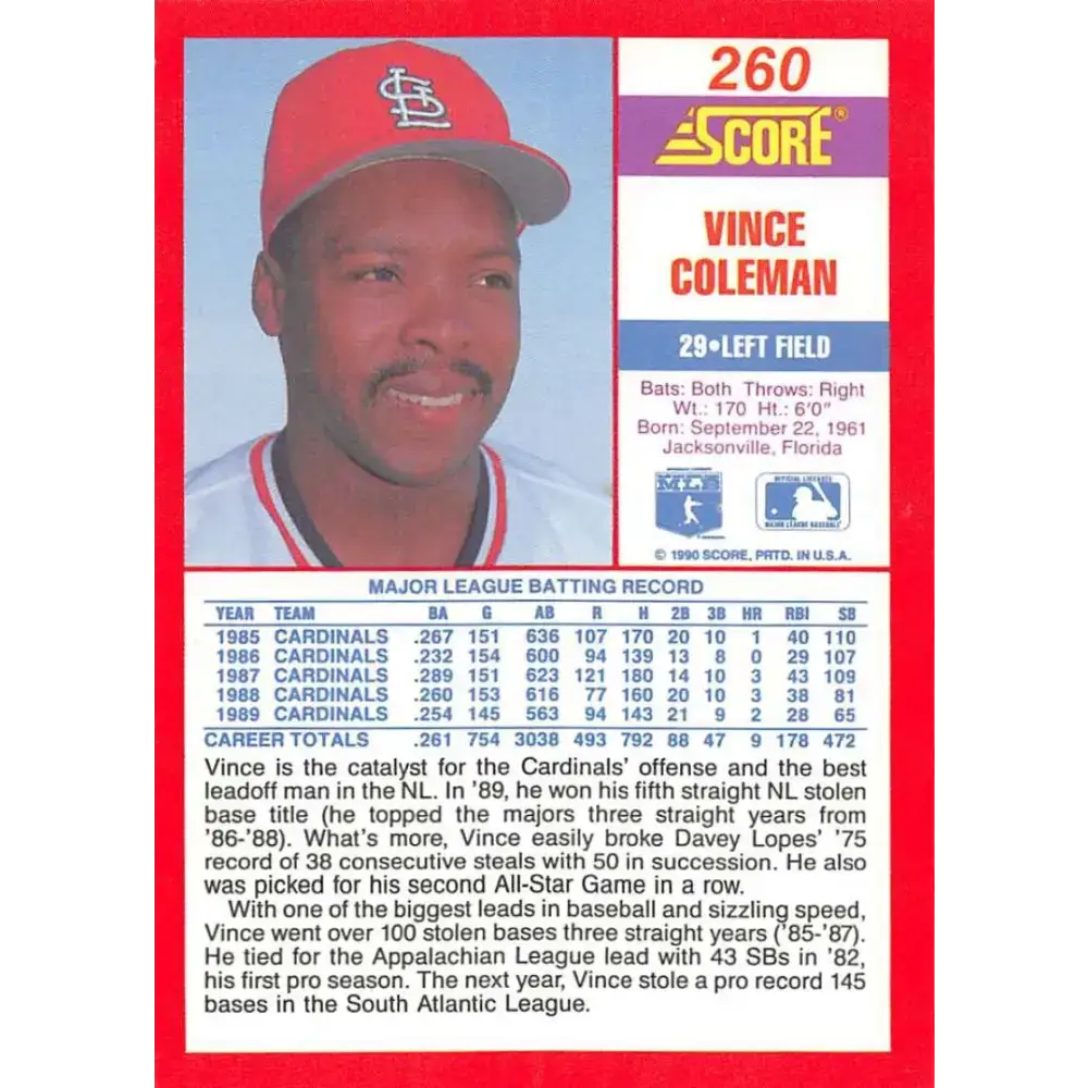 1990 Score #260 Vince Coleman NM-MT St. Louis Cardinals Baseball Card - Baseball Card Single