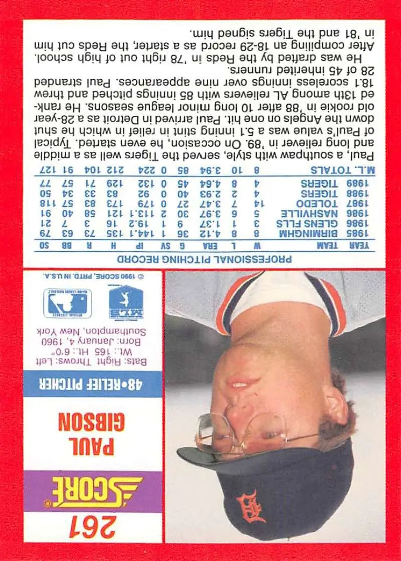 1990 Score #261 Paul Gibson EX Excellent Detroit Tigers Baseball Card - Baseball Card Single