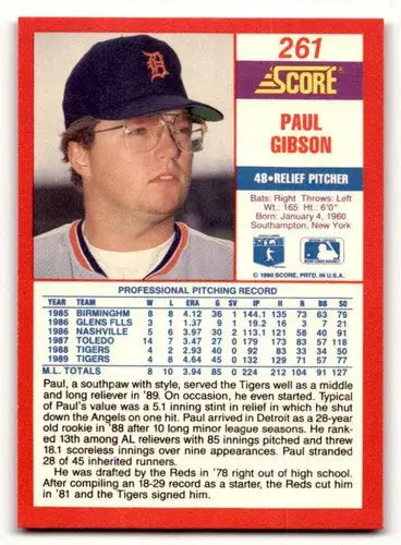 Original gloss baseball card of Paul Gibson from 1990 Score #261 featuring Simply Sandoval