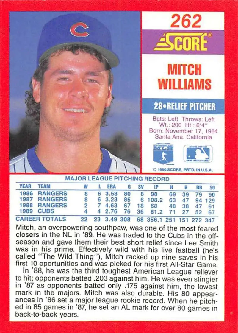 1990 Score #262 Mitch Williams EX Excellent Chicago Cubs Baseball Card - Baseball Card Single