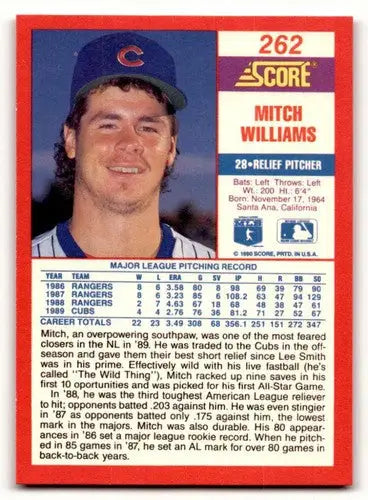 Original gloss Mitch Williams baseball card from 1990 Score #262 featuring Simply Sandoval