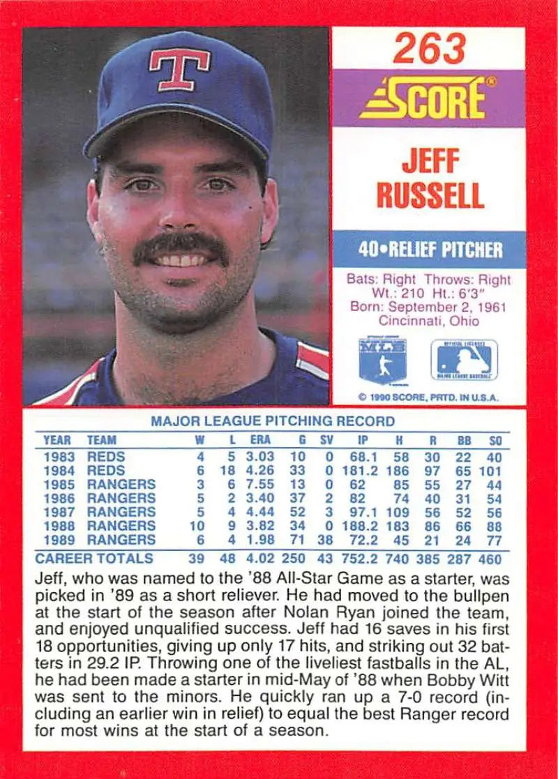 1990 Score #263 Jeff Russell EX Excellent Texas Rangers Baseball Card - Baseball Card Single