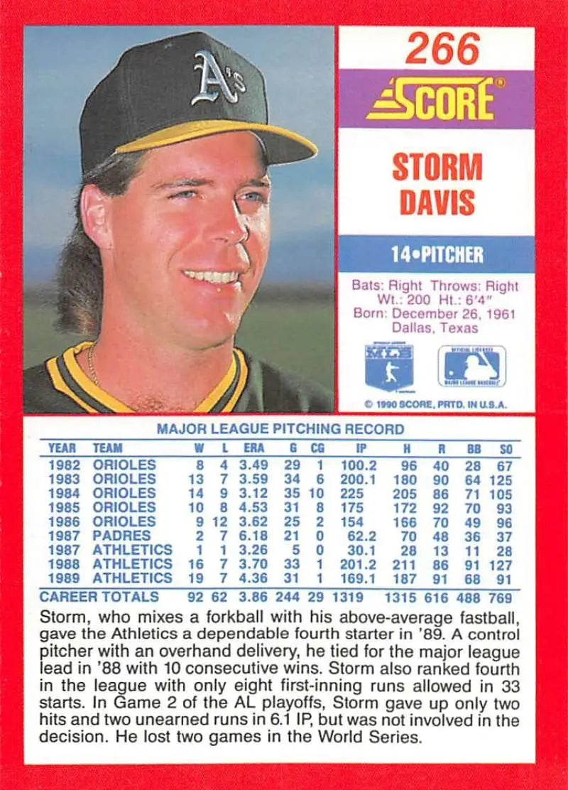1990 Score #266 Storm Davis EX Excellent Oakland Athletics Baseball Card - Baseball Card Single