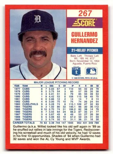 Original gloss Guillermo Hernandez baseball card from 1990 Score #267 featuring Guillermo Hernandez