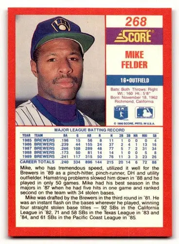 Original gloss Mike Felder baseball card from 1990 Score #268 featuring Simply Sandoval