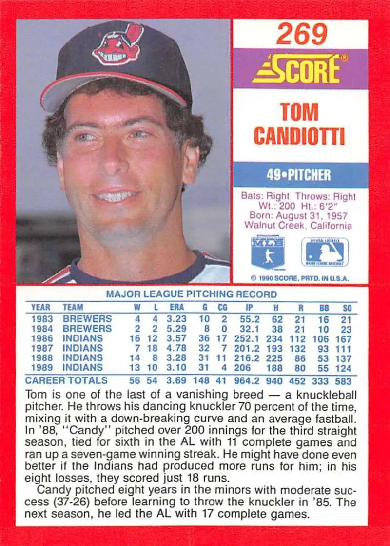 1990 Score #269 Tom Candiotti EX Excellent Cleveland Indians Baseball Card - Baseball Card Single
