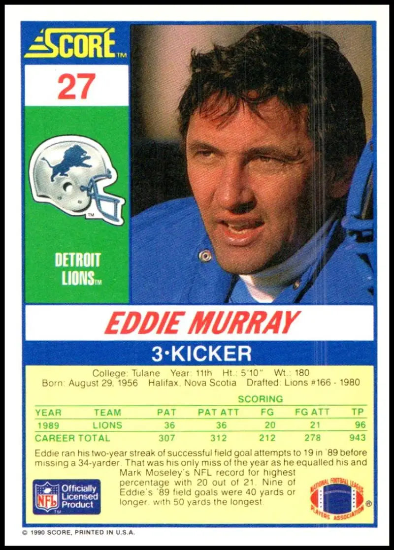 1990 Score #27 Eddie Murray NM-MT Detroit Lions Football Card - Football Card Single