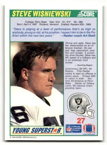 1990 Score #27 Steve Wisniewski Los Angeles Raiders Football Cards N ID:62206 - Football Card Single