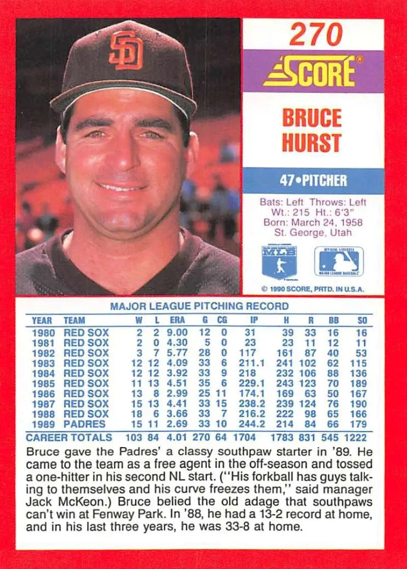 1990 Score #270 Bruce Hurst EX Excellent San Diego Padres Baseball Card - Baseball Card Single