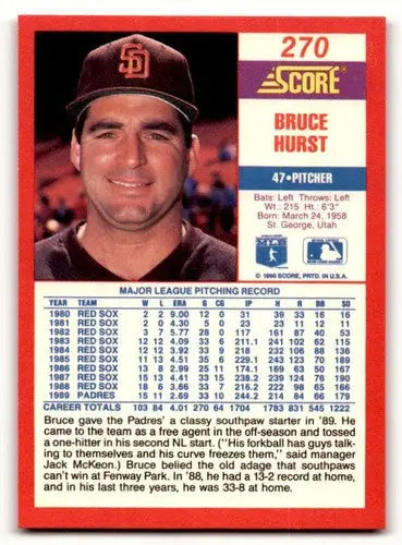 Original gloss 1990 Score Bruce Hurst baseball card showcasing Bruce Hurst player info