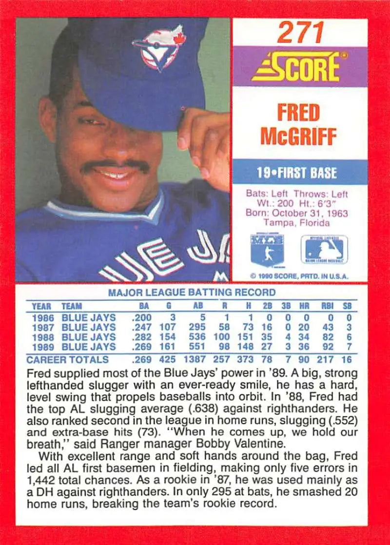 1990 Score #271 Fred McGriff EX Excellent Toronto Blue Jays Baseball Card - Baseball Card Single