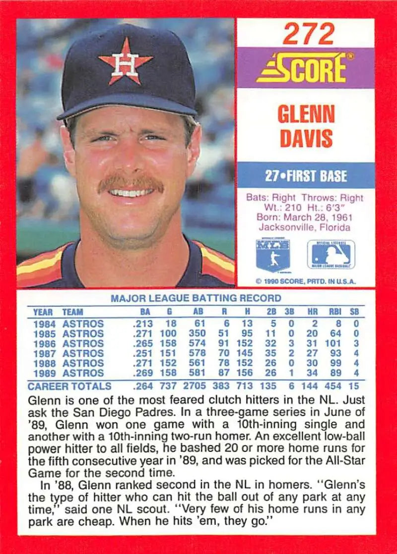 1990 Score #272 Glenn Davis EX Excellent Houston Astros Baseball Card - Baseball Card Single