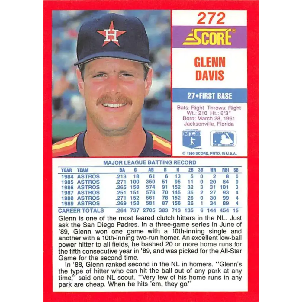 1990 Score #272 Glenn Davis NM-MT Houston Astros Baseball Card - Baseball Card Single