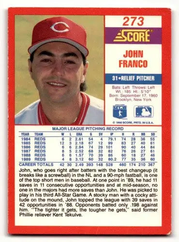 1990 Score #273 John Franco Cincinnati Reds Baseball Cards EX/NM ID:55188 - Baseball Card Single