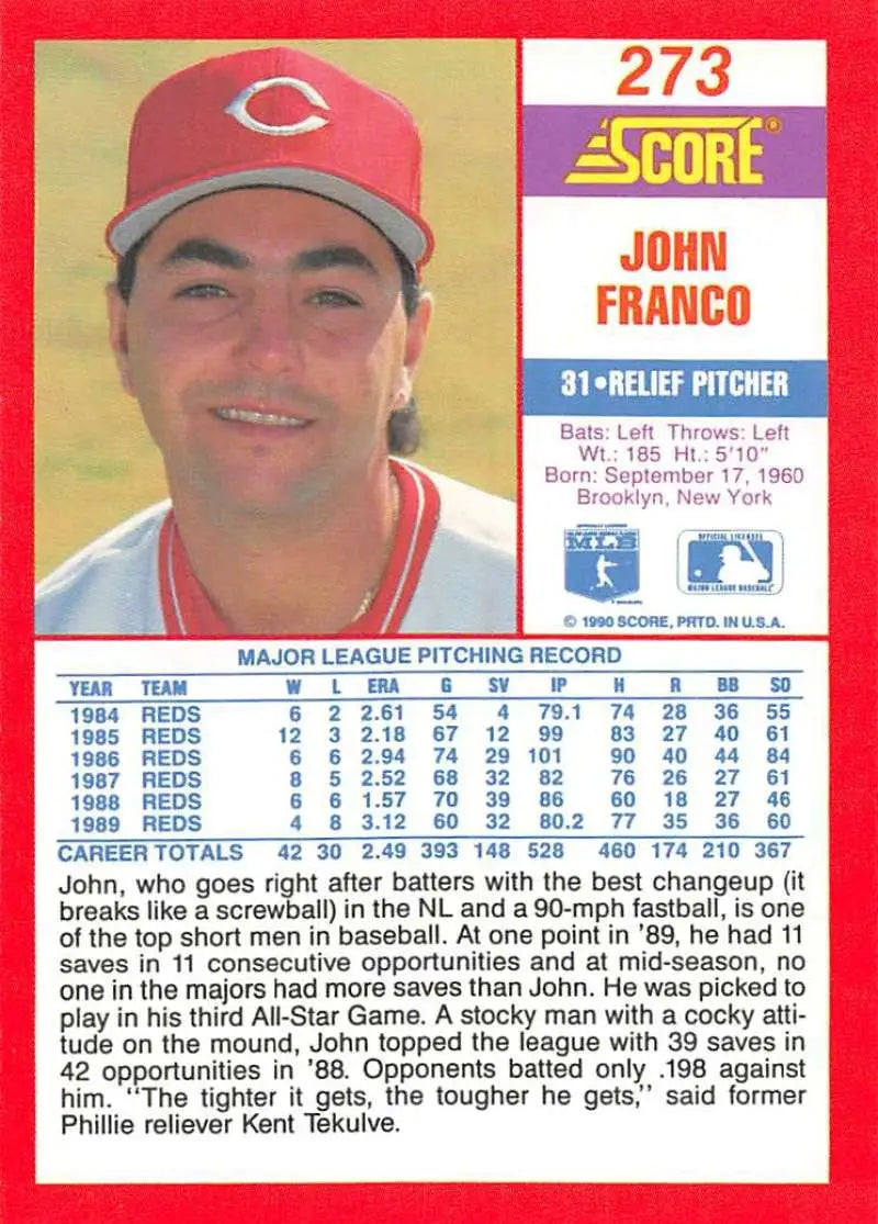 1990 Score #273 John Franco EX Excellent Cincinnati Reds Baseball Card - Baseball Card Single