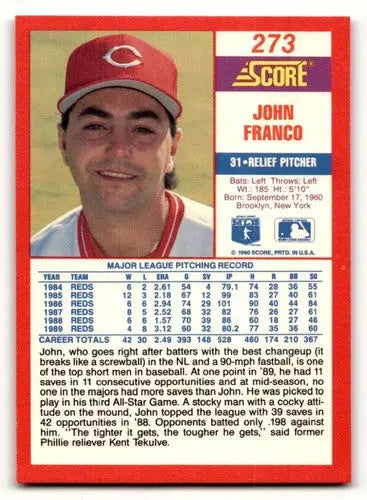 Original gloss 1990 Score John Franco baseball card featuring John Franco and Simply Sandoval