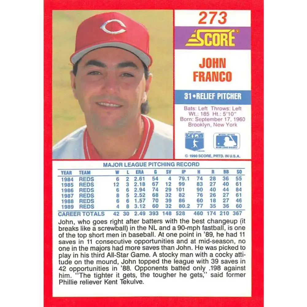 1990 Score #273 John Franco NM-MT Cincinnati Reds Baseball Card - Baseball Card Single