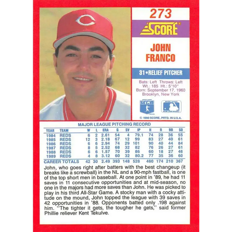 1990 Score #273 John Franco NM-MT Cincinnati Reds Baseball Card - Baseball Card Single